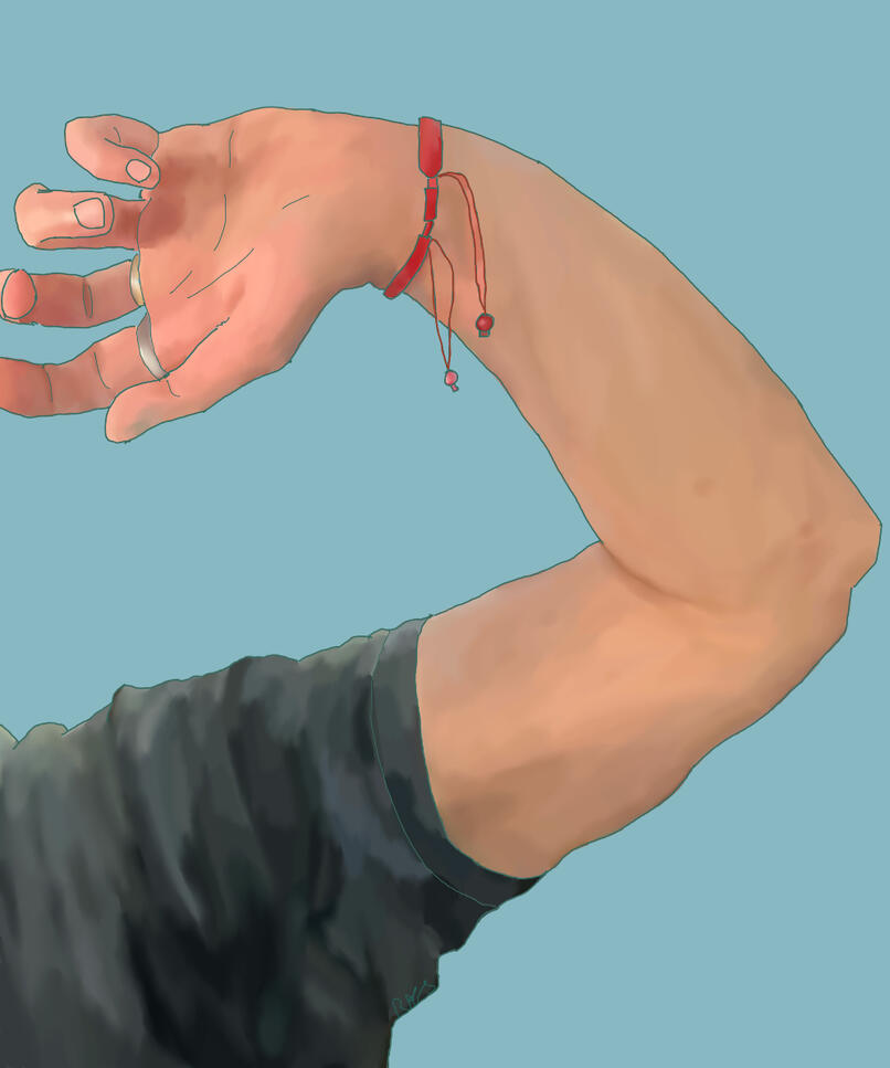Untitled A photorealistic digital drawing of an arm and shoulder - apparel and accessories are a black t-shirt, red bracelet with dangling beads, silver-toned ring on the index finger, and gold-toned ring on the middle finger.