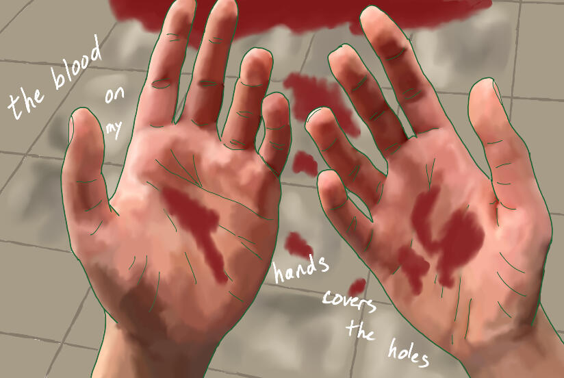 Let Them Sing A digital drawing inspired by the line "the blood on my hands covers the holes" from Empire (Let Them Sing) by Bring Me The Horizon - it shows two realistically-rendered hands with bloodstains on the palms as well as the tile floor in the background. Handw