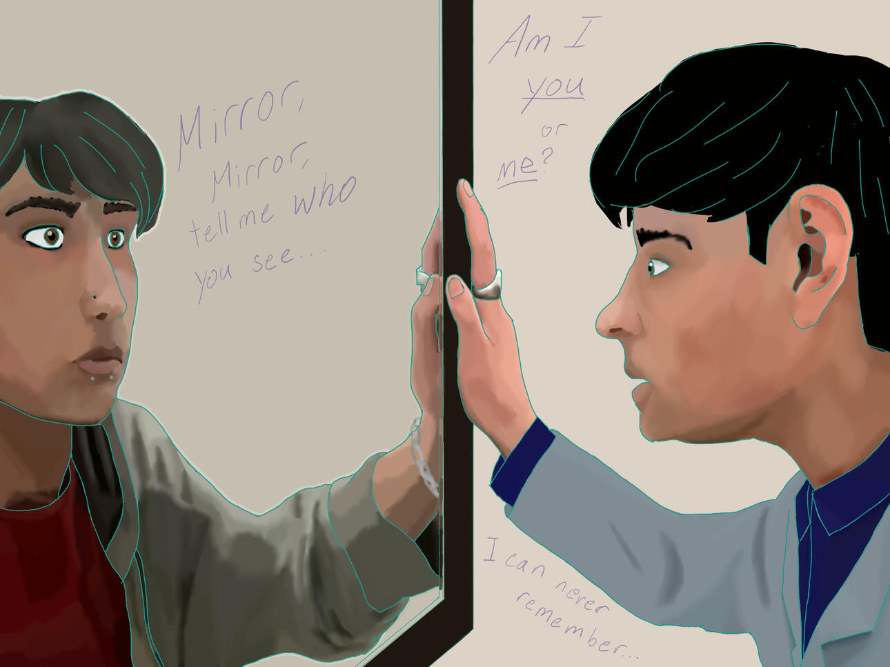 A digital drawing with a plain grey background showing a realistic rendering of someone looking at themself in the mirror. While they are clearly the same person, the individual is sporting a grey suit over a dark navy shirt and has neatly-combed hair wher